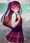  1girl alternate_costume bag bangs blunt_bangs blurry blush braid closed_mouth collared_shirt cowboy_shot depth_of_field eyebrows_visible_through_hair french_braid from_side girls_frontline glasses hair_ribbon half_updo hanato_(seonoaiko) hand_up holding holding_bag long_hair looking_at_viewer one_side_up plaid plaid_skirt pleated_skirt purple_hair red-framed_eyewear red_eyes ribbon school_bag school_uniform shirt skirt sleeves_folded_up sleeves_past_elbows solo standing strap striped striped_shirt sweater_vest uniform wa2000_(girls_frontline) white_shirt wristband 