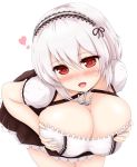  1girl anchor_necklace azur_lane bananana1 blush breasts choker cleavage frilled_choker frilled_skirt frills full-face_blush hands_on_own_breasts heart highres leaning_forward legs_together maid maid_headdress red_eyes short_hair sidelocks sirius_(azur_lane) skirt thighs white_background white_hair 
