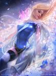  1girl artist_name blonde_hair breasts closed_eyes closed_mouth fantasy flower head_tilt long_hair original ross_tran valencia 