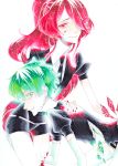  2others absurdres androgynous breaking colored_eyelashes cracked crystal_hair elbow_gloves eyebrows_visible_through_hair gem_uniform_(houseki_no_kuni) gloves green_diamond_(houseki_no_kuni) green_eyes green_hair hair_over_one_eye highres houseki_no_kuni kanitohituzi long_hair looking_at_viewer marker_(medium) missing_limb multiple_others necktie ponytail red_eyes redhead ruby_(houseki_no_kuni) shards short_hair smile thigh-highs traditional_media very_long_hair white_background 