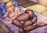  1girl ahoge alternate_costume artoria_pendragon_(all) artoria_pendragon_(lancer) blonde_hair breasts brown_legwear casual commentary_request contemporary cushion elbow_rest eyebrows_visible_through_hair fate/grand_order fate_(series) full_body futon green_eyes hair_between_eyes highres indoors large_breasts long_sleeves looking_at_viewer lying on_side open_door panties panties_under_pantyhose pantyhose pink_lips ribbed_sweater shirokuma_a sidelocks skindentation sliding_doors smile soles solo sunlight sweater tatami thighband_pantyhose toes turtleneck turtleneck_sweater underwear wooden_floor 