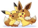  brown_eyes cosplay creatures_(company) eevee eevee_(cosplay) game_freak gen_1_pokemon nintendo no_humans open_mouth pikachu pikachu_(cosplay) pirosiki025 pokemon pokemon_(creature) pokemon_(game) pokemon_lgpe simple_background white_background 