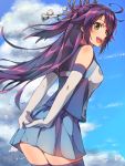  1girl :d arms_behind_back blue_legwear blue_skirt blue_sky chiharu_(9654784) clouds cowboy_shot elbow_gloves floating_hair gloves grey_gloves grey_ribbon hair_ribbon highres long_hair looking_at_viewer looking_back miniskirt open_mouth original pleated_skirt purple_hair ribbon shirt skirt sky sleeveless sleeveless_shirt smile solo standing thigh-highs very_long_hair yellow_eyes 
