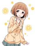  1girl :p bangs blue_skirt blush brown_cardigan brown_eyes brown_hair cardigan character_request closed_mouth collared_shirt ddak5843 eyebrows_visible_through_hair fingernails food food_background fruit hand_up idolmaster idolmaster_cinderella_girls kitami_yuzu lemon lemon_slice long_sleeves pleated_skirt school_uniform shirt simple_background skirt sleeves_past_wrists smile solo tongue tongue_out white_background white_shirt 