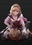  1boy 1girl absurdres black_background black_bow black_jacket black_pants blonde_hair blush bow breasts brown_eyes brown_hair chromatic_aberration cleavage collarbone djeeta_(granblue_fantasy) frilled_sleeves frills girl_on_top gloves granblue_fantasy hair_bow highres jacket lying medium_breasts milli_little on_back pants purple_sailor_collar red_ribbon ribbon sailor_collar shirt short_hair short_sleeves simple_background smile twitter_username white_gloves white_shirt 