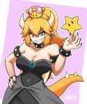  1girl artist_name bangs bare_shoulders black_collar black_dress black_nails blonde_hair blue_eyes bowsette bracelet breasts brooch cleavage collar collarbone crown dress earrings eyebrows_visible_through_hair fang fingernails grin hair_between_eyes hand_on_hip highres horns jewelry kumo_(kumo8159) large_breasts long_hair super_mario_bros. nail_polish new_super_mario_bros._u_deluxe nintendo pointy_ears ponytail sharp_fingernails smile solo spiked_armlet spiked_bracelet spiked_collar spikes star strapless strapless_dress super_crown tail thick_eyebrows turtle_shell v-shaped_eyebrows 