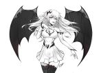  1girl bare_shoulders bat_wings breast_cutout breasts commentary cutout dress english_commentary erospanda eyebrows_visible_through_hair fangs greyscale hair_between_eyes hair_ornament hand_on_own_chest highres large_breasts long_hair long_sleeves messy_hair monochrome open_mouth original pointy_ears shoulder_cutout signature sketch thigh-highs torn_clothes vampire white_eyes white_hair wings 