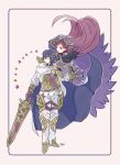  1boy 1girl alfonse_(fire_emblem) armor blonde_hair blue_eyes blue_hair cape closed_mouth commentary_request dress eyebrows_visible_through_hair fire_emblem fire_emblem_heroes floating fur_trim gloves gradient_hair hair_between_eyes hair_ornament hand_on_another&#039;s_shoulder hat holding holding_sword holding_weapon loki_(fire_emblem_heroes) long_hair multicolored_hair murabito_ba nintendo purple_dress purple_hair short_hair signature simple_background smile sword violet_eyes weapon white_footwear 