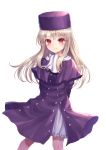  1girl arms_behind_back bangs blush closed_mouth commentary_request dress eyebrows_visible_through_hair fate/stay_night fate_(series) hat highres illyasviel_von_einzbern light_brown_hair long_hair purple_capelet purple_dress purple_hat red_eyes revision scarf seungju_lee simple_background smile solo white_background white_scarf 