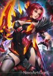  1girl artist_name bare_shoulders benghuai_xueyuan blurry blurry_background breasts breasts_apart brown_eyes claymore_(sword) cleavage earrings facing_viewer gloves holding honkai_(series) honkai_impact_3 jewelry large_breasts long_hair looking_to_the_side murata_himeko nudtawut_thongmai parted_lips redhead solo sword thigh-highs vermillion_knight watermark weapon 