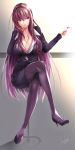  1girl bangs breasts buttons cleavage cocktail_glass collarbone commentary_request cup drinking_glass fate/grand_order fate_(series) formal gradient gradient_background high_heels highres large_breasts legs_crossed long_hair looking_to_the_side nail_polish office_lady open_clothes pantyhose red_eyes sasakuma_kyouta scathach_(fate)_(all) scathach_(fate/grand_order) shirt simple_background skirt skirt_suit smile solo spilling suit 