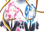  2others androgynous blue_hair closed_eyes colored_eyelashes crystal_hair gem_uniform_(houseki_no_kuni) highres houseki_no_kuni kanitohituzi long_hair looking_at_viewer marker_(medium) moon multiple_others necktie one_eye_closed pink_eyes pink_hair pink_topaz ponytail ribbon sapphire_(houseki_no_kuni) smile thick_eyebrows traditional_media upper_body 