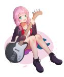  1girl :d absurdres bang_dream! bangs black_footwear black_jacket blush boots breasts collarbone commentary_request eyebrows_visible_through_hair full_body green_eyes guitar highres holding holding_instrument instrument jacket long_hair long_sleeves looking_at_viewer open_clothes open_jacket open_mouth pink_background pink_hair pink_skirt pleated_skirt seero shirt sitting skirt small_breasts smile solo two-tone_background uehara_himari white_background white_shirt 