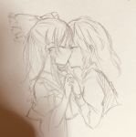  2girls bangs bare_shoulders bow braid closed_eyes frilled_ribbon frills graphite_(medium) greyscale hair_bow hair_tubes hakurei_reimu hand_holding highres hug juliet_sleeves kirisame_marisa kiss kizitora_hato large_bow long_hair long_sleeves monochrome multiple_girls no_hat no_headwear puffy_sleeves ribbon side_braid single_braid touhou traditional_media upper_body vest yuri 