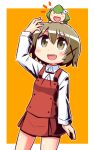  1girl :d arm_up blush brown_eyes brown_hair collared_shirt commentary_request cowboy_shot hair_ornament hidamari_sketch long_sleeves looking_away looking_up naga_u notice_lines on_head open_mouth orange_background pleated_skirt red_skirt red_vest school_uniform shirt skirt sleeves_past_wrists smile two-tone_background ume-sensei vest white_background white_shirt x_hair_ornament yuno 
