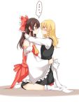  ... 2girls akatsuki_(osamaru36) apron arms_around_back arms_around_neck bangs bare_shoulders blonde_hair blush bow braid breasts brown_eyes brown_hair detached_sleeves eye_contact flat_chest hair_between_eyes hair_bow hair_tubes hakurei_reimu hug imminent_kiss kirisame_marisa large_bow long_hair looking_at_another medium_breasts multiple_girls no_hat no_headwear sash side_braid single_braid sitting socks touhou vest waist_apron wariza yellow_eyes yellow_neckwear yuri 