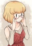  1girl blonde_hair blush casual contemporary glasses hand_on_own_face meis_(terameisu) short_hair uchi_emiri watashi_ga_motenai_no_wa_dou_kangaetemo_omaera_ga_warui! |_| 