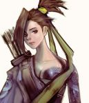  1girl arrow bandage brown_hair closed_mouth clouds collarbone dragon genderswap genderswap_(mtf) green_eyes hair_over_one_eye hanzo_(overwatch) highres kyung_han_kim medium_hair overwatch pink_lips ponytail quiver simple_background solo tattoo tied_hair upper_body white_background 