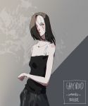  1girl arm_across_waist artist_name asymmetrical_hair black_hair black_shirt black_skirt breasts closed_mouth commentary dated english_commentary english_text forehead grey_eyes highres looking_at_viewer original shirt short_hair skirt small_breasts solo xi_zhang 