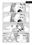  1girl ahoge bow bowtie braid closed_eyes comic greyscale highres holding_clothes imu_sanjo kantai_collection laundry long_hair long_sleeves mole mole_under_mouth monochrome school_uniform silent_comic single_braid smile translation_request very_long_hair washing_machine yuugumo_(kantai_collection) 