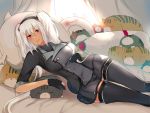  black_gloves breasts cat_pillow check_commentary commentary commentary_request dark_skin enemy_lifebuoy_(kantai_collection) glasses gloves hair_between_eyes headgear highres kantai_collection large_breasts masago_(rm-rf) miniskirt musashi_(kantai_collection) partly_fingerless_gloves reclining red_eyes remodel_(kantai_collection) short_hair_with_long_locks skirt thigh-highs twintails 