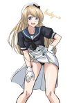  1girl absurdres ass_visible_through_thighs black_panties blonde_hair blue_eyes blue_sailor_collar dated dress dress_lift feet_out_of_frame gloves hand_on_hip hand_on_own_thigh hat highres jervis_(kantai_collection) kantai_collection leaning_forward looking_at_viewer panties sailor_collar sailor_dress sailor_hat short_sleeves simple_background solo sozan standing twitter_username underwear white_background white_dress white_gloves white_hat 