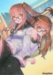  2girls :3 back-to-back bangs belly_peek black_legwear black_ribbon black_skirt blurry blush breasts brown_eyes brown_hair building depth_of_field eyebrows_visible_through_hair flying_sweatdrops girls_frontline glasses hair_between_eyes hair_ornament hair_over_shoulder hair_ribbon hairclip hanato_(seonoaiko) jacket lifting_person locked_arms long_hair looking_at_viewer medium_breasts multiple_girls one_side_up open_mouth pleated_skirt ribbon sailor sailor_collar scar scar_across_eye school school_yard skirt smile sparkle surprised thigh-highs thighs twintails twitter_username ump45_(girls_frontline) ump9_(girls_frontline) wind wind_lift yellow_eyes 