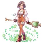  1girl ankle_boots artist_request black_hair bodysuit boots breasts brown_choker brown_eyes brown_footwear brown_gloves brown_hair choker closed_mouth final_fantasy final_fantasy_ix full_body garnet_til_alexandros_xvii gloves groin high_heel_boots high_heels holding holding_staff jewelry long_sleeves looking_at_viewer medium_hair necklace official_art orange_bodysuit puffy_long_sleeves puffy_sleeves short_hair simple_background small_breasts smile solo staff standing weapon white_background 