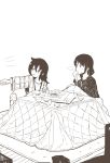  2girls black_hair casual drinking highres kotatsu kuroki_tomoko long_hair low_twintails monochrome multiple_girls table tamura_yuri twintails watashi_ga_motenai_no_wa_dou_kangaetemo_omaera_ga_warui! 