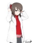  1girl brown_hair bukkuri closed_mouth dated eyebrows_visible_through_hair girls_und_panzer hair_between_eyes long_sleeves mika_(girls_und_panzer) red_shirt shirt short_hair solo white_background 