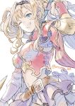  1girl belt blonde_hair blue_eyes breasts granblue_fantasy grin highres medium_breasts midriff navel one_eye_closed shuu_(fuhm7757) smile twintails twitter_username zeta_(granblue_fantasy) 