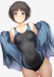  1girl amagami bare_shoulders black_hair black_swimsuit blue_jacket brown_eyes collarbone commentary_request competition_swimsuit cowboy_shot flat_chest jacket looking_at_viewer nozomi-y one-piece_swimsuit open_clothes open_jacket short_hair simple_background smile solo swimsuit tachibana_miya thigh_gap white_background 