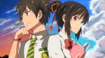 1boy 1girl blue_eyes bow bowtie bracelet brown_eyes brown_hair chiharu_(9654784) green_bow green_necktie green_neckwear hair_ribbon highres holding jewelry kimi_no_na_wa. miyamizu_mitsuha necktie red_bow red_bowtie red_ribbon ribbon school_uniform shirt short_hair sidelocks smile striped striped_necktie tachibana_taki tied_hair white_shirt