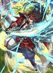  1boy armor armored_boots boots brown_eyes brown_hair clouds copyright_name dragon electricity fire_emblem fire_emblem_cipher fire_emblem_if gloves grass japanese_armor kuroba.k long_hair male_focus mountain nintendo official_art open_mouth ryouma_(fire_emblem_if) sky solo sword teeth weapon 