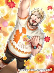  1boy barry_goodman beard blonde_hair brown_hair closed_eyes copyright_name facial_hair fire_emblem fire_emblem_cipher flower gen&#039;ei_ibunroku_sharp_fe headband male_focus nintendo official_art open_mouth solo sparkle teeth 