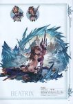  1girl absurdres ass bad_anatomy beatrix_(granblue_fantasy) bikini breasts brown_eyes brown_hair butt_crack cleavage cold fur_trim granblue_fantasy hair_ornament highres ice looking_at_viewer medium_breasts minaba_hideo official_art open_mouth sandals scan sitting snowman solo swimsuit sword weapon wrist_cuffs 