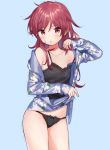  1girl bangs bare_shoulders black_panties black_shirt blue_background blue_shirt blush camisole chigusa_asuha collarbone cowboy_shot floral_print long_hair long_sleeves looking_at_viewer messy_hair no_pants off_shoulder open_clothes open_shirt panties parted_lips qualidea_code red_eyes redhead sekiya_asami shirt sidelocks simple_background sleeves_past_wrists solo standing stomach thighs underwear v-shaped_eyebrows 