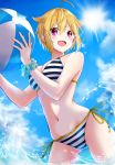  1girl :d ahoge aoyashio_rin ball beachball bikini blonde_hair blue_scrunchie blue_sky clouds cowboy_shot day groin hair_between_eyes highres holding holding_ball ibuki_tsubasa idolmaster idolmaster_million_live! navel open_mouth outdoors red_eyes ribbon scrunchie short_hair side-tie_bikini sky smile solo standing striped striped_bikini swimsuit wading wrist_scrunchie yellow_ribbon 