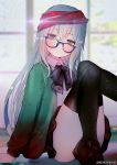  1girl alternate_costume ass bangs black_legwear blue-framed_eyewear blurry blush brown_eyes brown_footwear closed_mouth collared_shirt confetti convenient_leg crossed_bangs depth_of_field diffraction_spikes eyebrows_visible_through_hair g11_(girls_frontline) girls_frontline glasses gradient green_jacket hair_between_eyes hanato_(seonoaiko) head_tilt jacket knees_up lens_flare loafers long_hair looking_at_viewer neck_ribbon open_clothes open_jacket ribbon scarf scarf_on_head school_uniform shirt shoes sidelocks silver_hair sitting skirt solo sparkle thigh-highs thighs twitter_username very_long_hair white_shirt window 