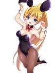  1girl absurdres alice360 animal_ears armpits bare_shoulders blonde_hair blush breasts bunny_tail bunnysuit cleavage collarbone elsword eyebrows_visible_through_hair highres long_hair medium_breasts ponytail rabbit_ears ribbon smile tail 