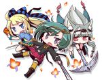  3girls 7th_dragon_(series) 7th_dragon_iii :d :o animal_ear_fluff animal_ears bangs belt belt_buckle black_footwear black_jacket blonde_hair blue_belt blue_eyes blue_jacket blush boots bow buckle card character_request checkered checkered_bow commentary_request drop_shadow dual_wielding fang flower green_hair green_shirt hair_bow holding holding_card holding_sword holding_weapon jacket knee_boots leaning_forward long_hair multiple_girls naga_u open_clothes open_jacket open_mouth parted_lips petals pleated_skirt puffy_short_sleeves puffy_sleeves red_eyes red_flower red_skirt shirt short_eyebrows short_sleeves silver_hair skirt smile sword thick_eyebrows thigh-highs thighhighs_under_boots very_long_hair violet_eyes weapon white_background yellow_bow yellow_legwear 