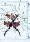  1girl absurdres armor armored_boots armored_dress bangs blue_eyes boots feathers flower full_body gauntlets granblue_fantasy hair_flower hair_ornament highres holding holding_sword holding_weapon jeanne_d&#039;arc_(granblue_fantasy) long_hair minaba_hideo official_art open_mouth scan shoulder_armor skirt solo sparkle sword thigh-highs very_long_hair weapon 