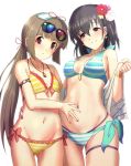  2girls armband bikini black_hair blue_bikini bracelet breasts brown_eyes brown_hair collarbone cowboy_shot eyewear_on_head flat_chest flower fujiwara_hajime groin hair_flower hair_ornament idolmaster idolmaster_cinderella_girls jewelry long_hair looking_at_viewer low_ponytail multiple_girls nail_polish navel ponytail short_hair side-tie_bikini simple_background small_breasts sousakubito striped striped_bikini sunglasses swimsuit very_long_hair white_background yellow_bikini yorita_yoshino 