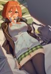  1girl bag bangs bed black_jacket black_legwear blazer blue_cardigan blue_eyes breasts brown_hair buttons collared_shirt covering_mouth ddt_(darktrident) eyebrows_visible_through_hair go-toubun_no_hanayome green_skirt hair_between_eyes hand_up headphones headphones_around_neck highres jacket large_breasts long_hair long_sleeves looking_at_viewer lying miniskirt nakano_miku notebook on_back on_bed open_clothes open_jacket pantyhose pantyhose_pull pillow plaid plaid_skirt pleated_skirt school_bag school_uniform shirt skirt sleeves_past_wrists solo undershirt white_shirt wing_collar 
