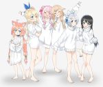  6+girls ahoge animal_ears arm_over_shoulder arm_up barefoot black_hair blonde_hair blue_eyes blush cat_ears character_request choker closed_eyes commentary crossed_arms fake_animal_ears full_body gengorou grin hair_bobbles hair_bun hair_flaps hair_ornament hairband hairclip hinata_channel long_hair low_twintails mirai_akari mirai_akari_project multiple_girls nekomiya_hinata no_pants off_shoulder one_eye_closed pink_hair shirt short_hair side_bun side_ponytail silver_hair simple_background sleeves_past_wrists smile standing standing_on_one_leg sweater t-shirt toes turtleneck turtleneck_sweater twintails v virtual_youtuber white_background white_shirt white_sweater 