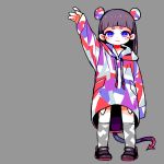  1girl arm_at_side bangs black_hair blue_eyes blunt_bangs drawstring fang full_body grey_background hakuro96 hand_up highres hood hood_down hoodie long_hair long_sleeves looking_at_viewer original patterned_clothing print_hoodie purple_footwear shoes short_eyebrows simple_background socks solo standing tail 