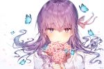  1girl artist_name bangs blush bouquet bug butterfly commentary_request crying crying_with_eyes_open eyebrows_visible_through_hair fate/stay_night fate_(series) floating_hair flower hair_between_eyes hair_ribbon heaven&#039;s_feel heterochromia highres holding holding_bouquet insect long_hair looking_at_viewer matou_sakura own_hands_together parted_lips petals pink_eyes pink_flower pink_ribbon purple_hair ribbon shirt simple_background solo taya_5323203 tears upper_body violet_eyes wavy_hair white_background white_shirt 