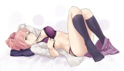  1girl black_legwear bow bra breasts brown_eyes brown_panties cleavage dress_shirt full_body hair_between_eyes hair_bow idolmaster idolmaster_cinderella_girls jougasaki_mika kneehighs lying miniskirt on_back open_clothes open_shirt panties pink_hair pleated_skirt ponytail purple_bow purple_bra purple_skirt saruno_(eyesonly712) shirt short_hair simple_background skirt skirt_around_one_leg solo striped striped_bow underwear white_background white_shirt 