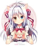  1girl aina_rive animal_ear_fluff animal_ears bangs black_shirt blue_eyes blush breasts brown_eyes cat_ears cleavage closed_mouth collared_shirt eyebrows_visible_through_hair followers frilled_shirt frills hair_between_eyes hair_ribbon hands_up head_tilt heart heart_hands heterochromia long_hair maid_headdress mauve medium_breasts original puffy_short_sleeves puffy_sleeves red_ribbon ribbon shirt short_sleeves silver_hair smile solo thank_you upper_body wrist_cuffs 