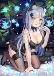  1girl all_fours animal_ears bangs bare_shoulders black_dress black_footwear black_legwear blunt_bangs blush breasts cat cat_ears cat_girl cat_tail choker cityscape cleavage collarbone dress eyebrows_visible_through_hair facial_mark fishnet_legwear fishnets garter_straps girls_frontline green_eyes hair_ornament high_heels hk416_(girls_frontline) indoors long_hair looking_at_viewer mamemena neck_bell night on_bed open_mouth paw_pose sidelocks silver_hair solo star tail teardrop thigh-highs very_long_hair wind_chime window 